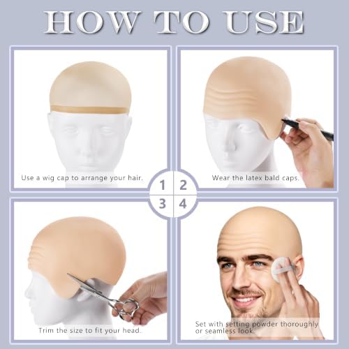 Bald Cap for Adults, Latex Bald Cap with Head Wig Cap Costume Accessory for Halloween Theme Party Supplies - Image 3