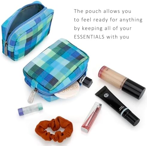 E-Tree Cute Small Makeup Bag,Cosmetic Toiletry Make up Little Items Pouch for Purse,Zipper Mini Tech Charger Cable Electronic Organizer Case,Travel Accessories for Women Men Teen,Blue Checkered - Image 2