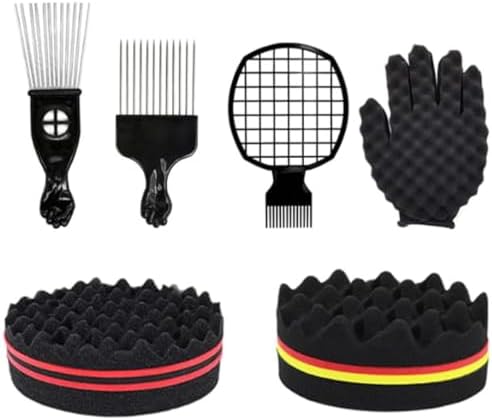 Hair Sponge Set, Magic Curl Glove, Afro Brush, Metal Pick Comb, and Twist Comb for Hairstyling (Black-6Pcs) by Banisyu