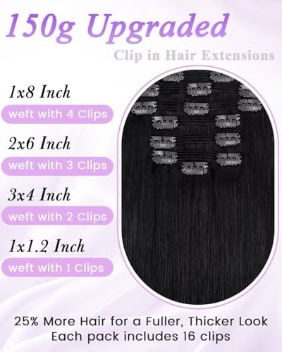 LaaVoo 150g Real Hair Extensions Clip in Human Hair Jet Black 24 Inch - Image 2