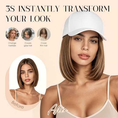 Rich Choices Hat Wigs for Women,White Baseball Cap with Hair Extensions for Women,Short Bob Hairstyle Caps with Straight Synthetic Hair Attached Adjustable Baseball Cap Wig 6 Inch-Light Brown Hair - Image 4