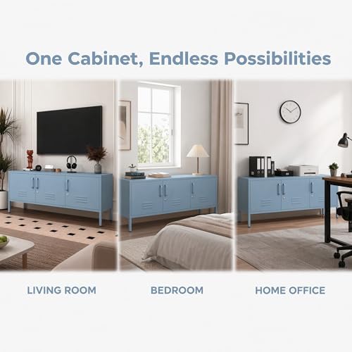 Blue Industrial Metal TV Stand with Lockable Storage Cabinet, Wide 3-Door Media Console, Adjustable Shelves, Multipurpose Accent Cabinet for Living Room Bedroom Home Office - Image 5
