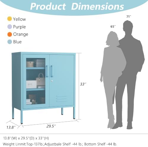 Lockable Metal Storage Cabinet Locker, Multifunctional Versatile Display Storage Lockers with Adjustable Shelves and Mesh Door, Durable Metal Side Table Furniture for Restaurant Home Office Blue - Image 2