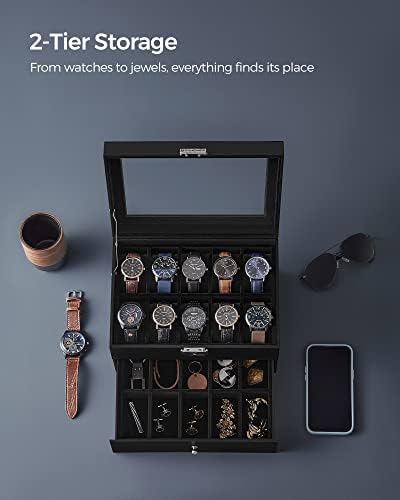 SONGMICS 20-Slot Watch Box, 2 Layers, Glass Lid, Lockable - Image 3
