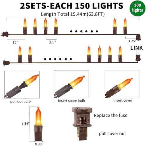 Ultra-Bright Connects End to End Orange Christmas Mini Lights 300L 63.8Ft(2Sets-Each 150L)UL Listed Incandescent Bulb String Light for Indoor Outdoor Halloween Home Garden Party Tree Decor - Image 3