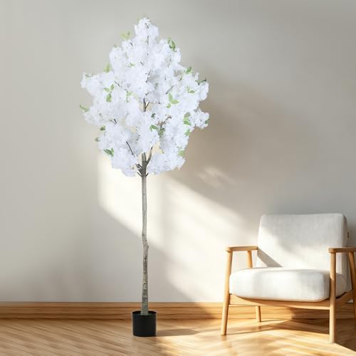 Artificial Cherry Blossom Tree Fake Plants Faux White Sakura Flowers, 6FT - Image 2