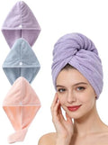 Microfiber Hair Towel Wrap Set with Button Closure, 3 Pack Blue+Pink+Purple by Lumimi