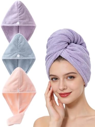 Microfiber Hair Towel Wrap Set with Button Closure, 3 Pack Blue+Pink+Purple by Lumimi