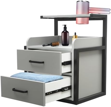 Salon Wall Cabinet with 2 Drawers, Wall Mounted Salon Storage Organizer with Hair Dryer Holder, Hair Station for Beauty Spa Barbershop (Black＋Grey) - Image 5