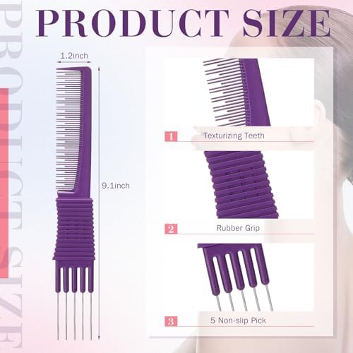 Leinuosen 3 Pack Teasing Combs with Metal Pick, Purple - Image 2