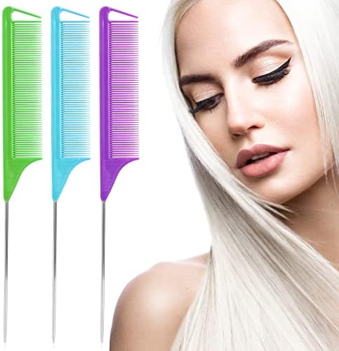 Rat Tail Teasing Combs Set: 3 Long Steel Pin Combs for Parting Hair - Salon Styling Combs for Women (Purple, Green, Blue) - Image 2