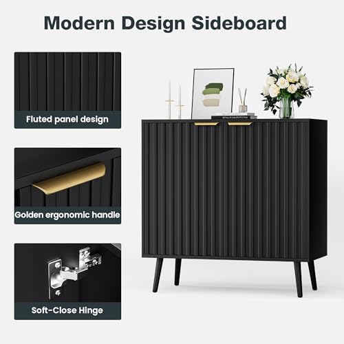 Vrullu Modern Storage Cabinet, Black Sideboard and Buffet Storage, Wood Accent Cabinet for Living Room, Hallway, Entryway, Dining Room (1, Black+Gold) - Image 6