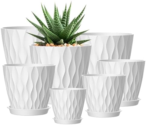 4/4.5/5/5.5/6/6.5/7 Inch Plant Pots,7 Pack Flower Pots with Drainage Holes and Trays,Plastic Planters for Indoor Outdoor Plants Growth,White by SQKH