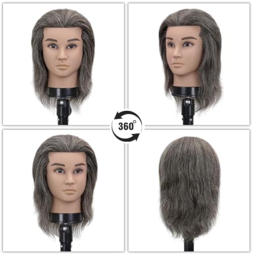 12 Inch Male Barber Mannequin Head, Salt Pepper Ash Gray White 100% Human Hair Training Head with Clamp Stand - Image 6