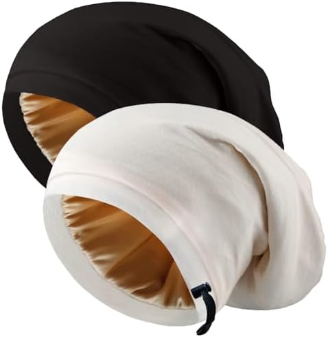 2 Pcs Adjustable Silk Hair Bonnet for Sleeping, Satin Lined Sleep Cap for Women and Men, Silk Hair Wrap Slouch Beanie. by Unknown