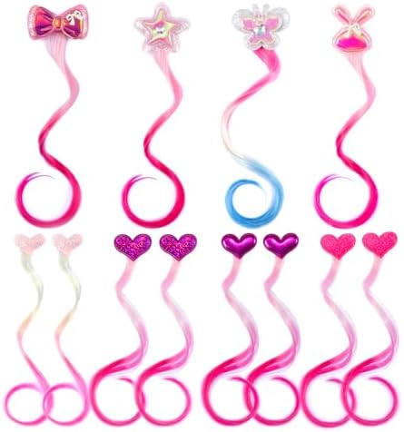 12 Pieces Hair Clips for Girls, Bow Curly Pink Gradient Hair Extensions for Kids, Little Girl Hair Clips Accessories for Ponytails Princess Dress Up by LittleWorld