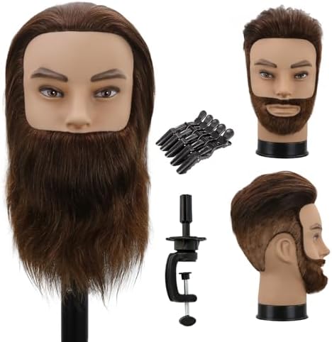 Male Mannequin Head,Training Head with 100% Human Hair 12inch Barber Mannequin Head Male Mannequin Head With Beard for Hair Styling, Practicing Cut Styling（Dark Brown） by WDQXCQA
