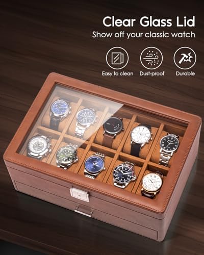 VLANDO Watch Box for Men, 10-Slot 2-Layer Watch Case with Glass Lid, Lockable Textured Leather Display Organizer with Drawer for Rings Glasses Cufflinks, Watch Holder for Dad Husband Collector, Brown - Image 3