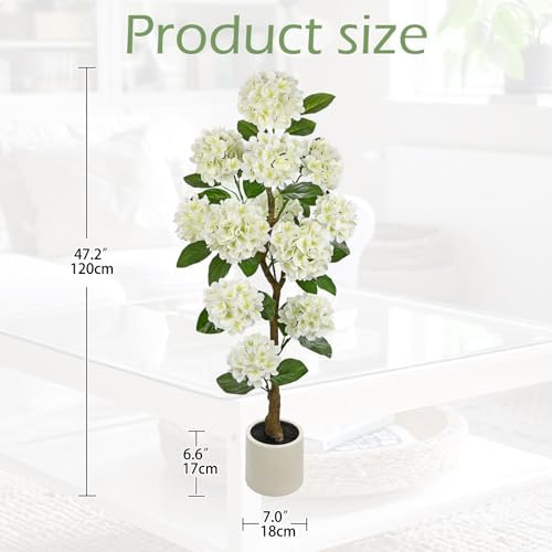 Hollyone 4FT White Hydrangea Artificial Flowers Tree Large Real Touch Faux Silk Hydrangea Plants Potted Fake Flower in White Pot for Home Indoor Outdoor Front Porch Garden Entrance Living Room Decor - Image 2