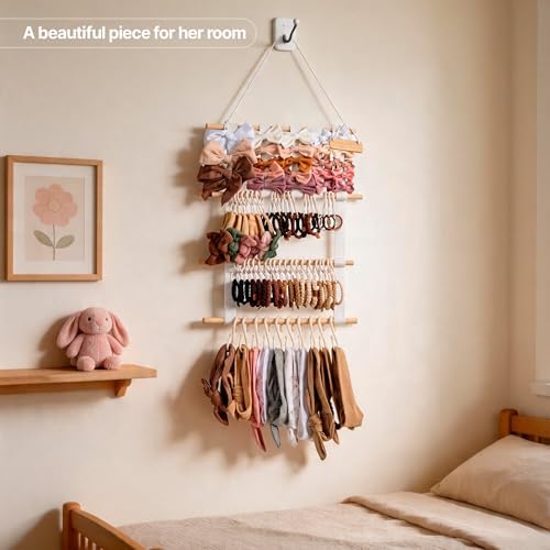 Bow Holder for Girls Hair Bows, Hair Bow Organizer, Headband Holders, Hanger Wall, Clip Organizer, Ribbon Storage for BabyGirl Nursery Wall Decor - Nametag, XXL Hooks, Stickers included - White - Image 6