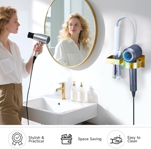 Hair Dryer Holder Wall Mounted, Hair Straightener Holder, Blow Dryer Holder Adhesive, Hair Tool Organizer for Flat Iron, Hairdryer, Curling Iron Holder for Bathroom Vanity Barber Shop (Gold) - Image 6