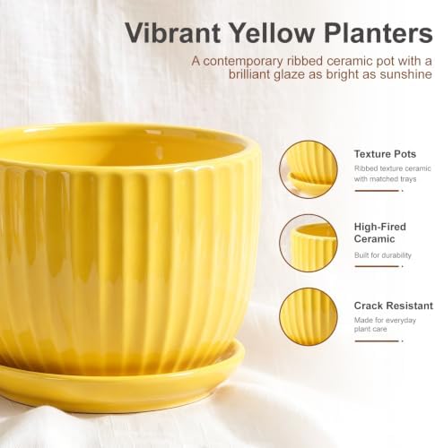 Ceramic Planters,Yellow Plant Pots with Drainage Holes and Saucers Set of 3 - Image 3