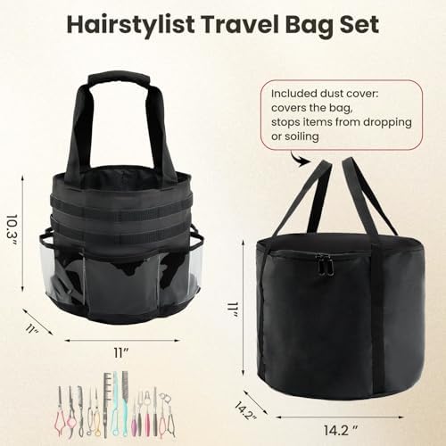 Hairstylist Travel Bag, with Dust Cover, 11L Large Capacity, Heat-Resistant Interior, Clear Pockets, 24 Hook-and-loop Slots, Top Drawstring, Makeup & Pet Grooming Supplies Organizer - Image 4