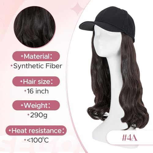 SEGO Baseball Cap with Hair Extensions for Women Heat Resistant Synthetic 16" Adjustable Long Wavy Hairpiece Replacement Wigs in Black Hat for Girls 4A Black Brown - Image 5