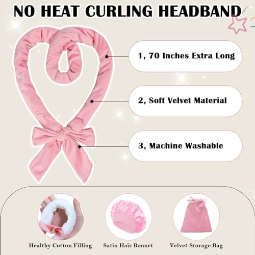 ZILAMPU No Heat Overnight Curl Headband, 70" Soft Wave Hair Rollers for Long Hair, 9 PCS Hair Curling Rods Gift Set - Pink - Image 3