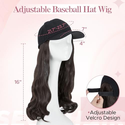 SEGO Baseball Cap with Hair Extensions for Women Heat Resistant Synthetic 16" Adjustable Long Wavy Hairpiece Replacement Wigs in Black Hat for Girls 4A Black Brown - Image 3