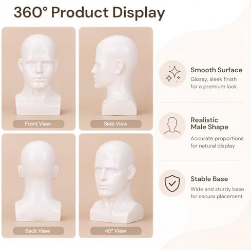 Male Mannequin Head 13.7", Glossy White Wig Hat Display Stand - Image 3