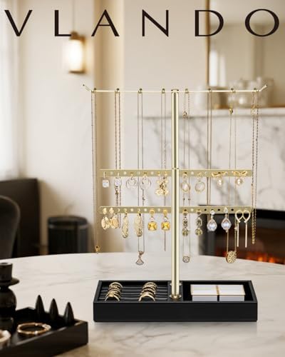 VLANDO 2 Tier Jewelry Stand Organizer with Tary, Leather Jewelry Holder Display for Women, Gold Jewlery Holder Stand for Necklace, Earring, Bracelet, Rings - Black - Image 6