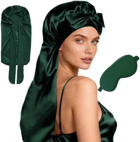 Womens 2Pcs Silk Satin Bonnet Long Hair Bonnets For Sleeping Silky Bonnet With Eye Mask Braids Curly Hairs Sleep Cap by WJingYiJia