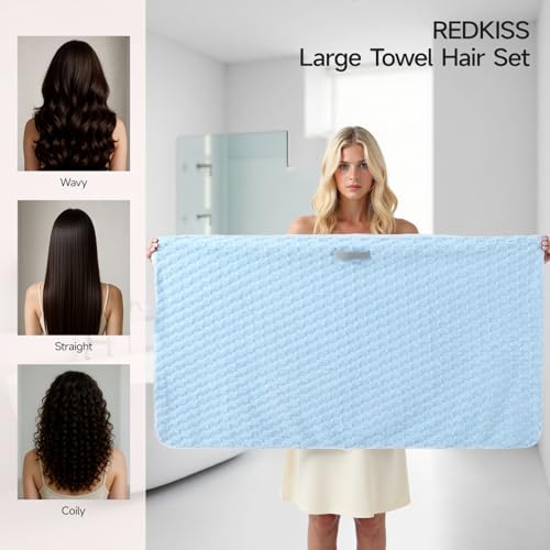 REDKISS Blue Microfiber Hair Towels - Extra Large Hair Towel Wrap for Women, 24x42 inch Hair Towels with Elastic Strap, Super Soft Hair Drying Towels for Long, Thick, Curly Anti Frizz Turbans - Image 2