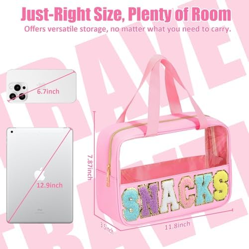 BuyCard Chenille Letter Clear Snack Bags Makeup bag, Preppy Cosmetic Bag, Nylon & PVC Waterproof Travel Pouch with Zipper & Handle, Large Capacity Toiletry Organizer Bag for Women & Girls (Pink) - Image 2