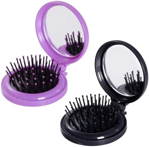 Heliltd 2pcs Folding Travel Mirror Pocket Hair Brushes, Round, Purple Black by Heliltd