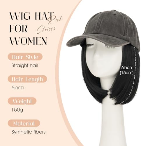Rich Choices Hat Wigs for Women,Dark Gray Baseball Cap with Hair Extensions for Women,Short Bob Hairstyle Caps with Straight Synthetic Hair Attached Adjustable Baseball Cap Wig 6 Inch Black Hair - Image 2