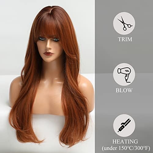 HAIRCUBE Long Auburn Wig with Bangs Layered Curly Orange Wigs for Women Natural Synthetic Wigs for Daily Use (pelucas de cabello natural) - Image 5