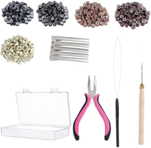 Hair Extension Tools Kit with Storage Case 500 Silicone Lined Ring Beads,1 Plier, 1 Threader,1 Crochet Hook,10 Curved Hair Needle,5 Hair Clips,5 Rolls Sewing Threads,100 Rubber Bands (Style2) by Ysdqs+Hair
