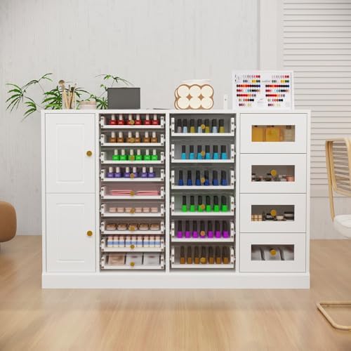 WOODTIME 47.2" W Manicure Storage Display Cabinet with Acrylic Fronts and 19 Drawers, Nail Polish Makeup Skincare Cabinet with Shelves for Beauty Salon, White - Image 4
