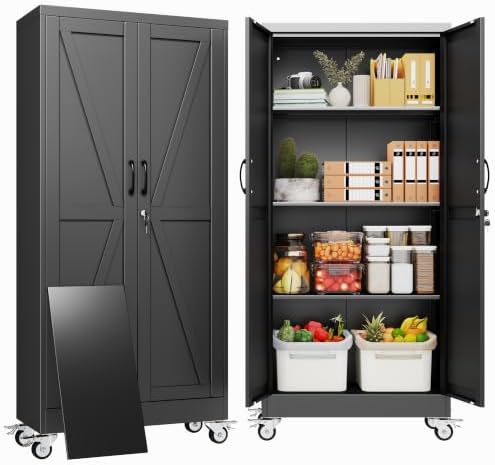 61" Metal Garage Storage Locker Cabinet with Wheels,Rolling Black Lockable Tool Cabinet with 2 Doors and 3 Adjustable Shelves, Steel Office File Cabinet for Home Office Warehouse Gym by BAOLIWO
