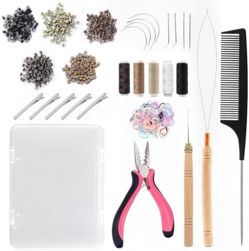 Hair Extension Tools Kit, 500 Silicone Beads, 1 Crochet Hook, 1 Comb, 1 3-Hole Pliers, 1 Threader, 5 Threads, 5 Clips, 8 C/J/I Needles, 100 Bands, 1 Storage Box by Sala