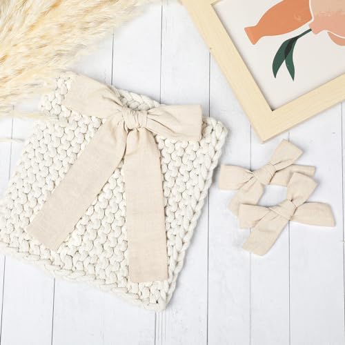 DEEKA Beige Cotton Linen Hair Bows 2 Sizes 5"&3.5" Soft Hair Bow set for Toddler Girls Long Ponytail Knot Bows Alligator Clip Hair Accessories for Little School Girls (Beige) - Image 5