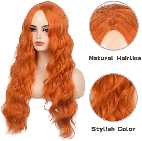 Long Curly Wavy Orange Wig Middle Part Synthetic Hair Replacement Wig for Cosplay Daily Use - Image 4