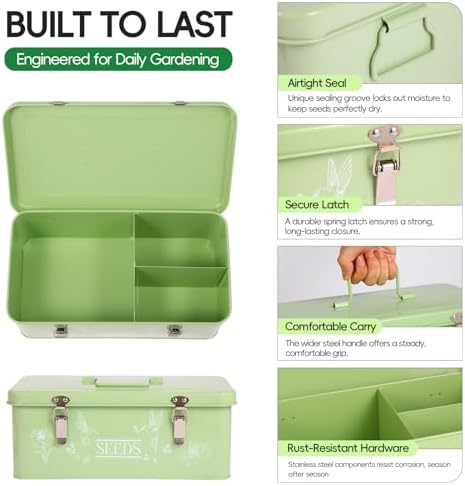 60 Slots Seed Organizer Storage Box with 3 Compartments,Large Metal Garden Seed Organizer with Lid&Safety Locks,Seed Saver Bin 50 Plant Labels 60 Seed Envelopes,Professional All-In-One Seed Saving Kit - Image 3