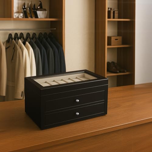 Bey-Berk Duke Matte Black Wood Watch Box – 36-Slot Organizer with Glass Top, 2 Drawers & Velour Lining - Image 4