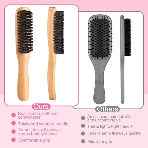 6 Pcs Boar Bristle Slick Back Hair Brush Smoothing Hair Brush for Smooth Frizz Flyaways, Rat Tail Comb Edge Brush Teasing Brush for Men Women - Image 5