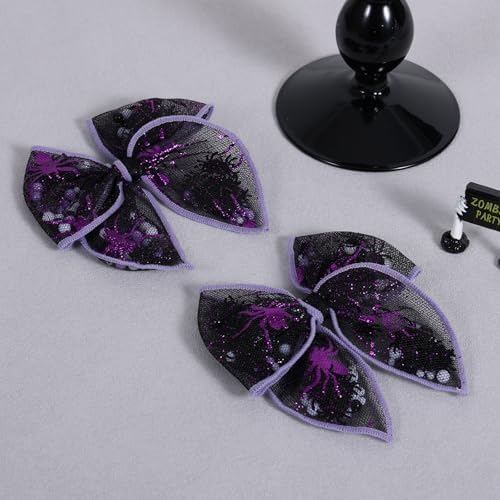 Halloween Spider Shaker Bow Hair Clips 4in Black Purple Spiderweb Mesh Tulle Fable Hair Bow Alligator Hairpins for Teen Girls Women Costume Party Accessory Gift Set of 2 - Image 2