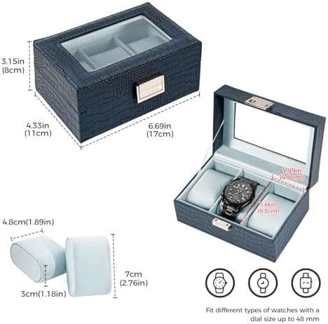 ProCase Watch Box, 3 Slot Mens Watch Display Case, CrocCobaltBlue - Image 5