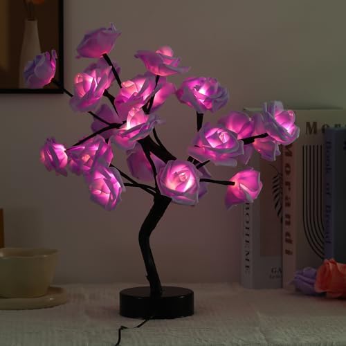 Drawelry Rose Flower Tree Lamp - LED Rose Tree Table Lamp USB/Battery Powered Artificial Bonsai Flower Night Light for Bedroom Living Room Party Wedding Birthday Decor (Purple) - Image 3